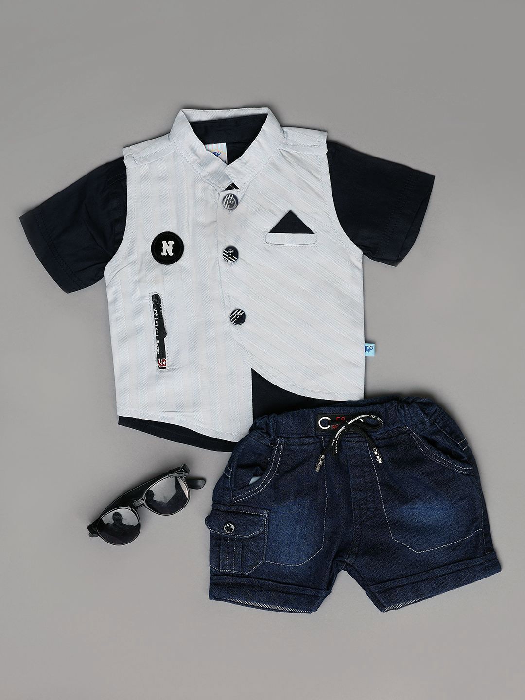 

V-Mart Kids Printed Shirt Collar Pure Cotton T-shirt With Shorts, Navy blue