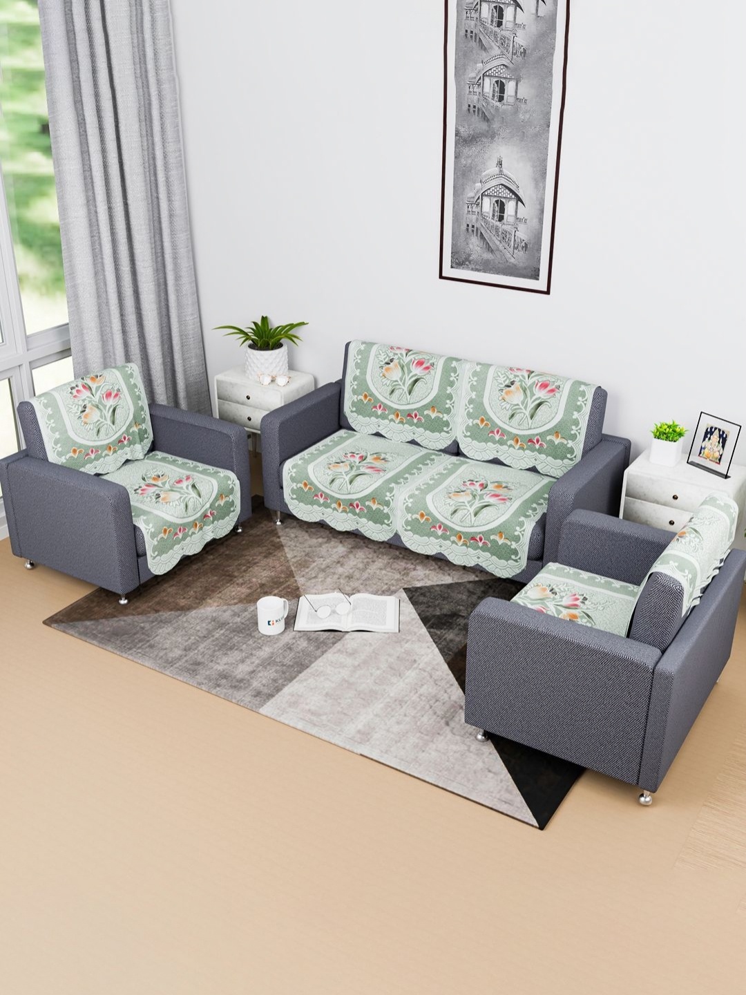 

Kuber Industries Green & White 8 Pieces Printed Cotton Sofa Cover