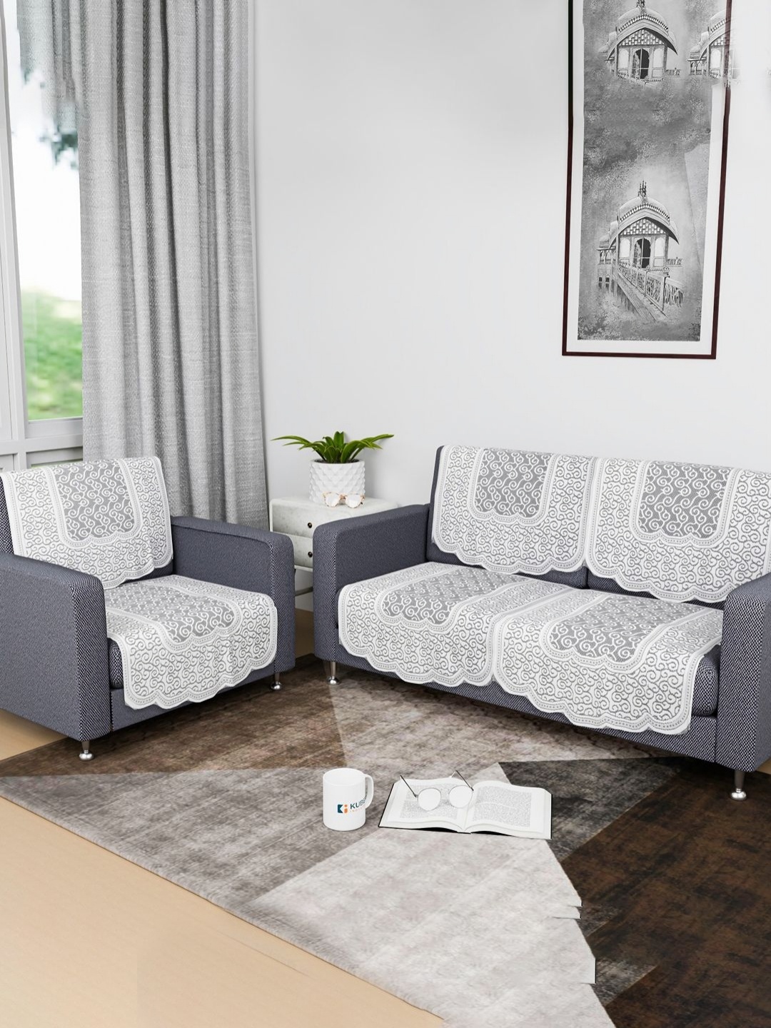 

Kuber Industries White & Grey 6 Pieces Printed Cotton Sofa Cover