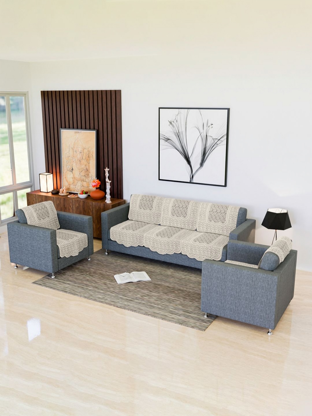 

Kuber Industries Cream 10 Pieces Printed Cotton Sofa Cover