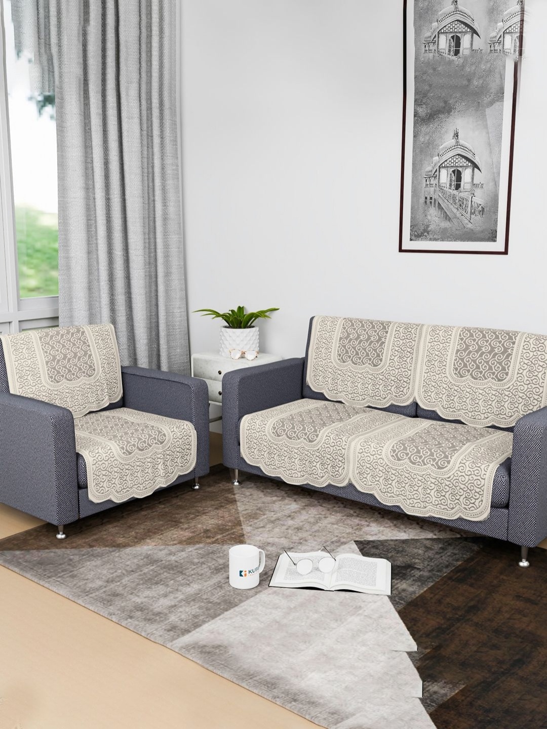 

Kuber Industries Cream & Grey 6 Pieces Printed Cotton 2+1 Seater Sofa Covers