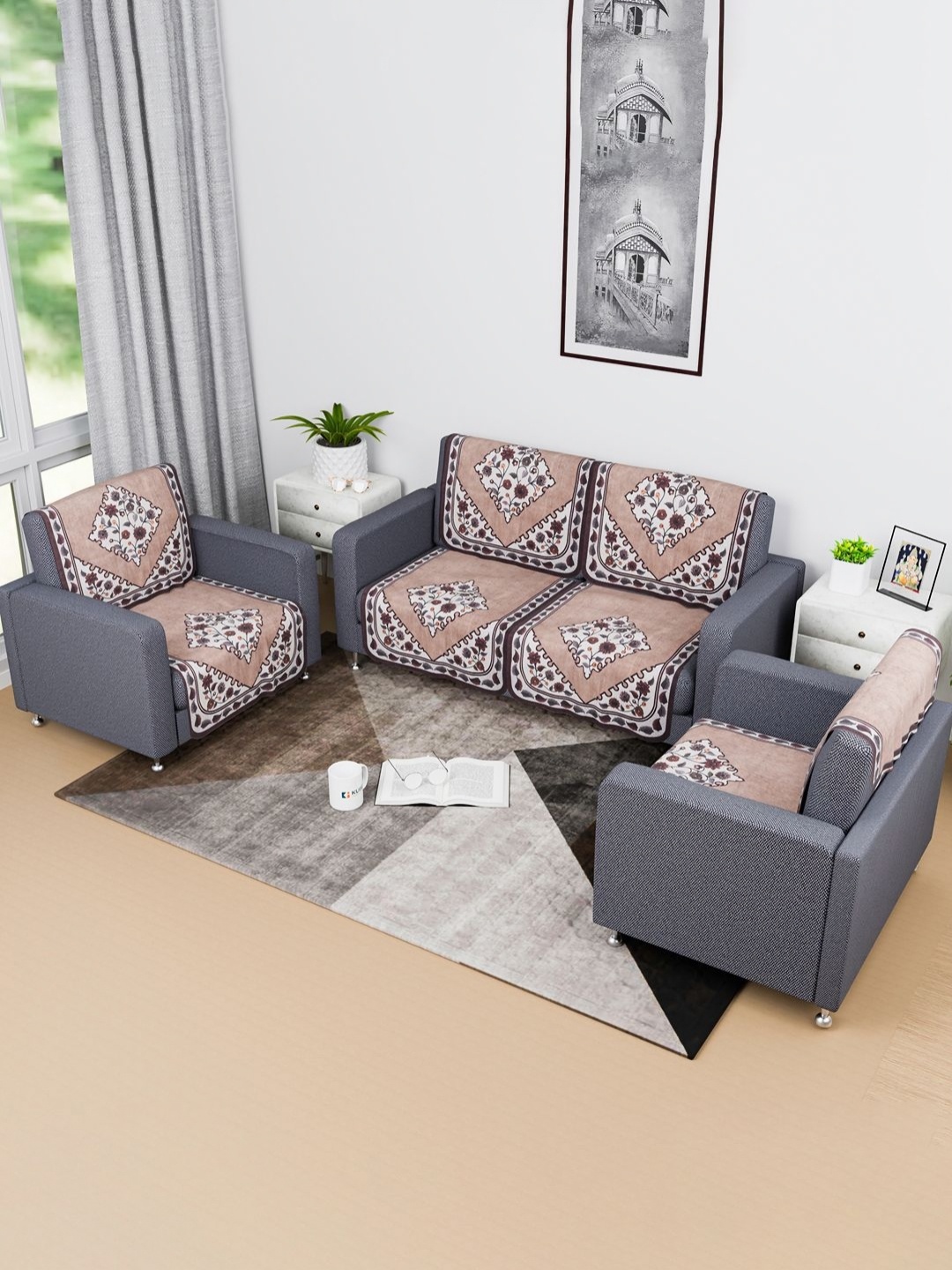 

Kuber Industries Brown & White 8 Pieces Floral Printed Cotton Sofa Cover