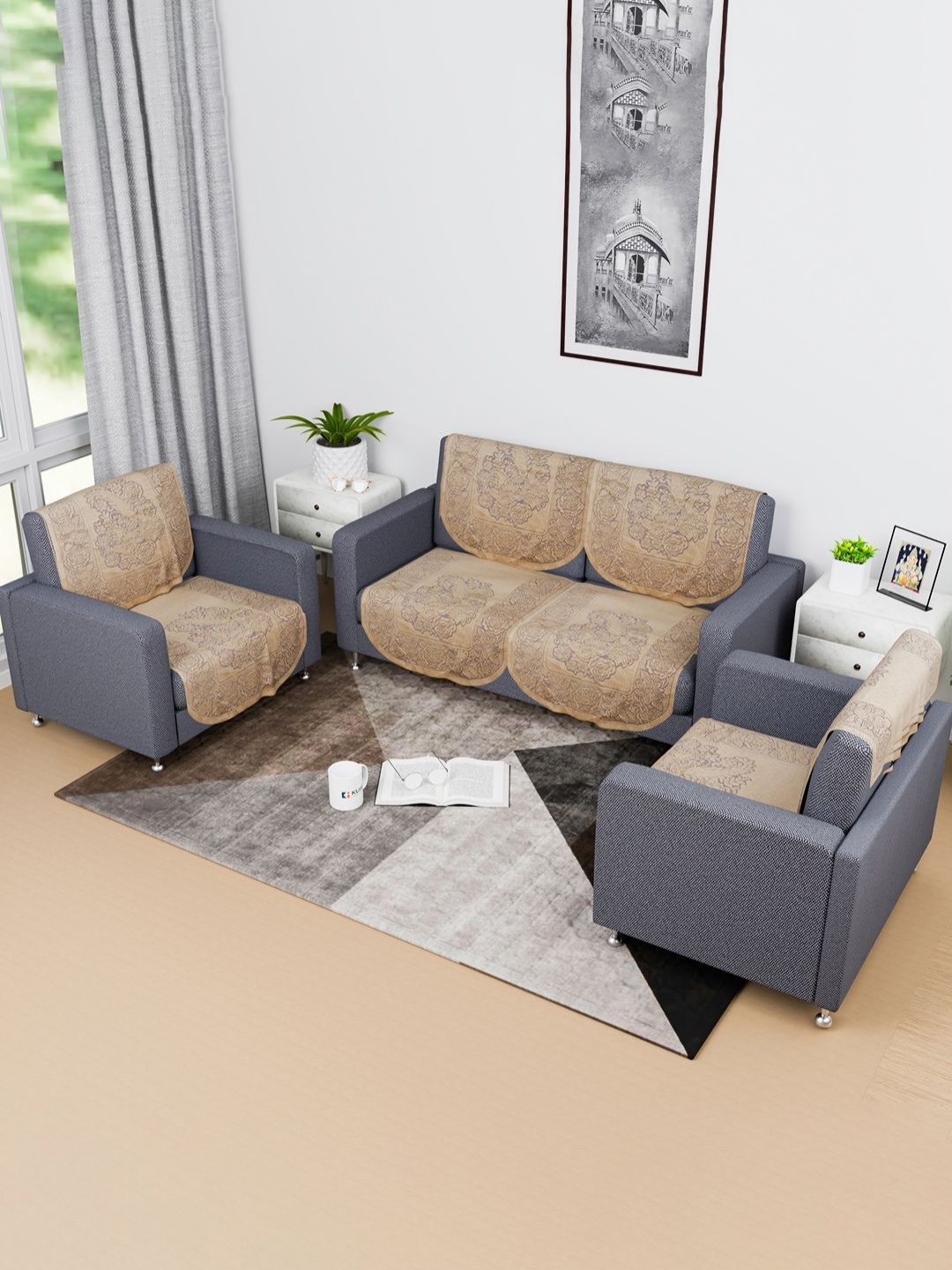 

Kuber Industries Gold-Toned 8 Pieces Printed Cotton Sofa Cover