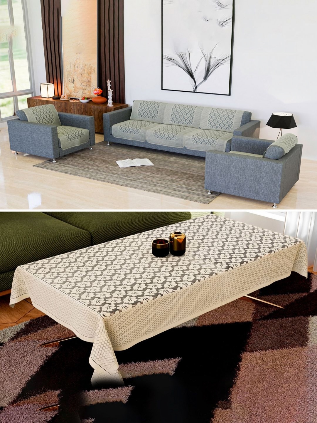 

Kuber Industries Cream-Coloured 11 Pieces Printed Cotton Sofa Cover & Table Cover