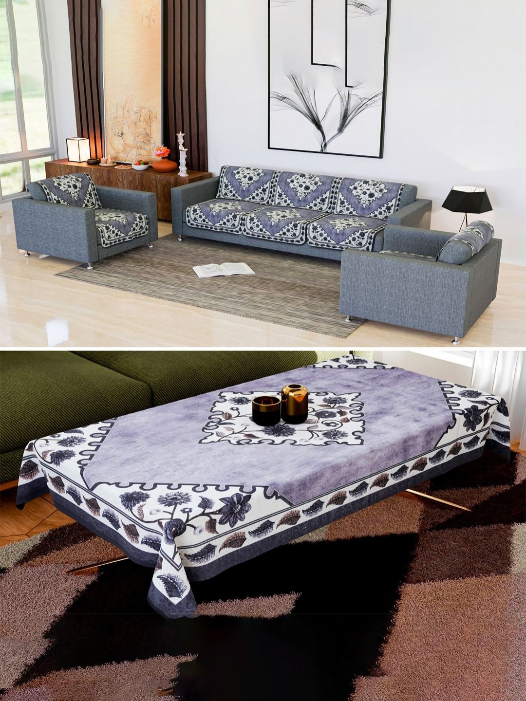 

Kuber Industries Grey & White 11 Pieces Floral Printed Cotton Sofa Cover & 1 Table Cover