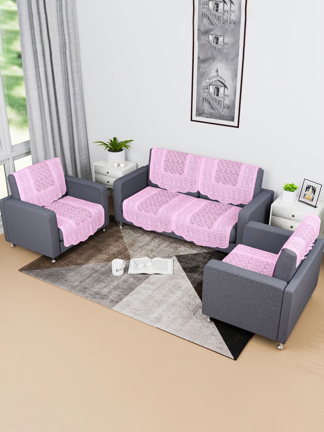 

Kuber Industries Pink 8 Pieces Printed Cotton Sofa Cover