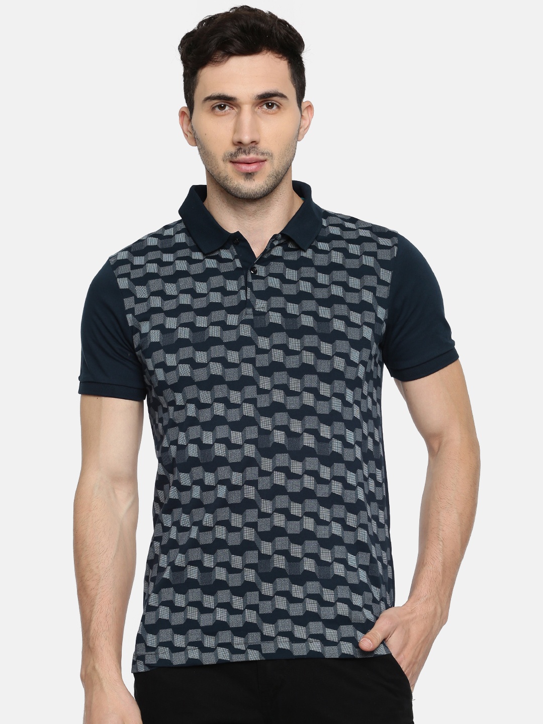 

Arrow New York Men Navy Blue Printed Polo Collar Pure Cotton T-shirt
