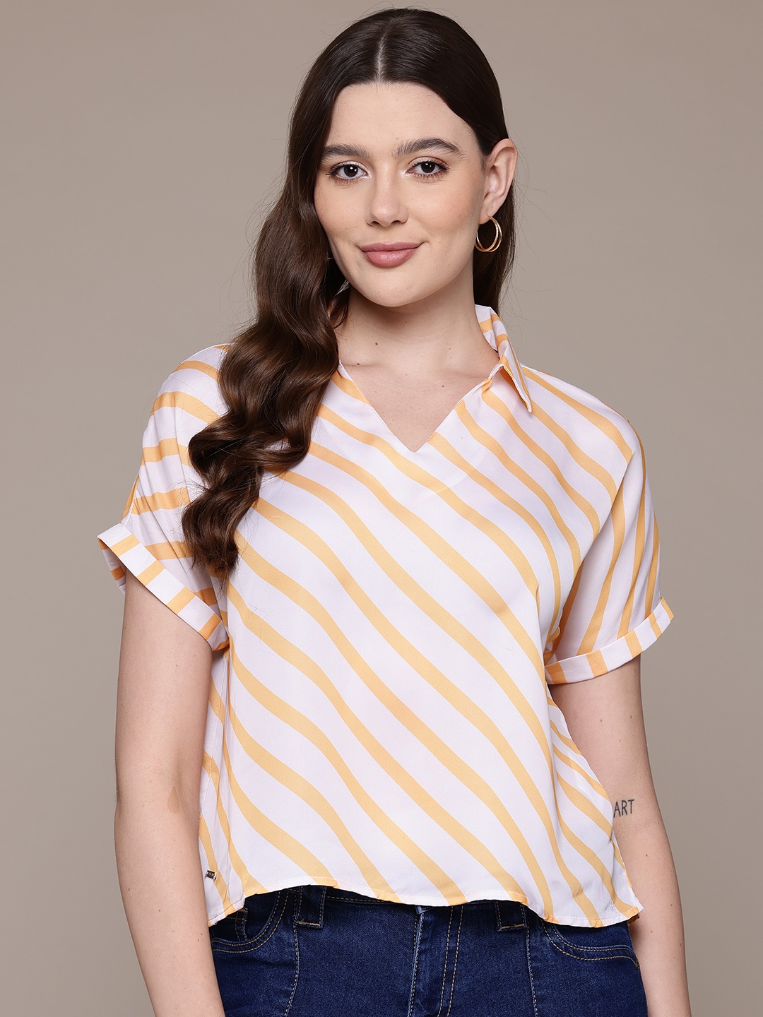 

Nautica Striped Extended Sleeves Top, Off white