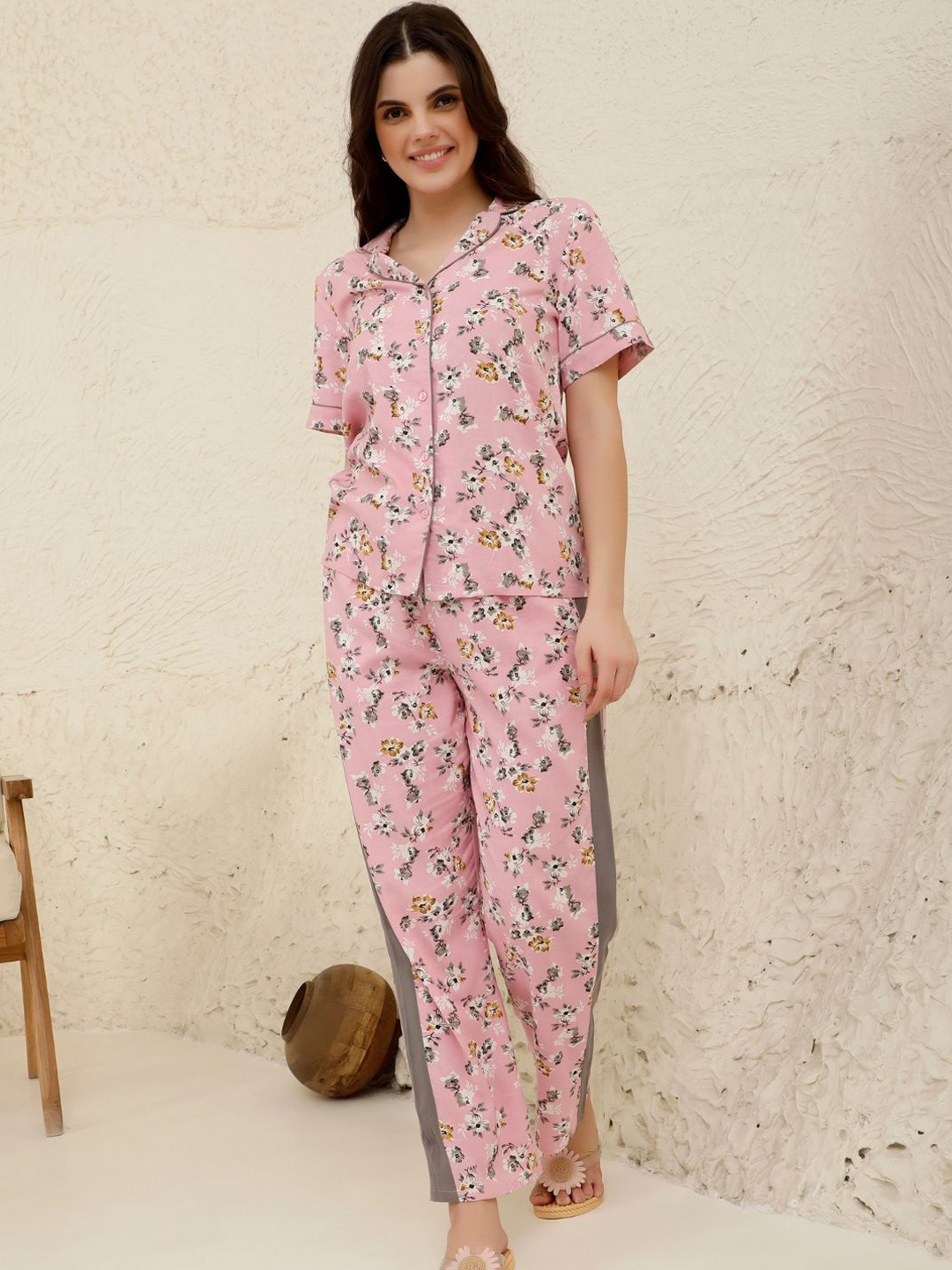 

Slumber Jill Printed Short Sleeve Shirt & Trousers, Pink