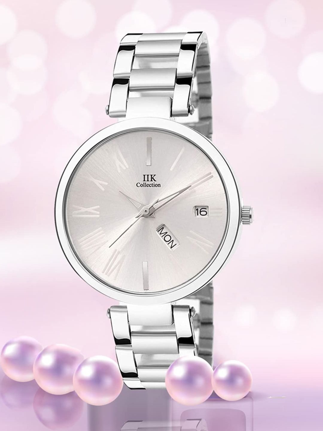 

IIK COLLECTION Women Round Dial Stainless Steel Bracelet Style Straps Analogue Watch, Silver