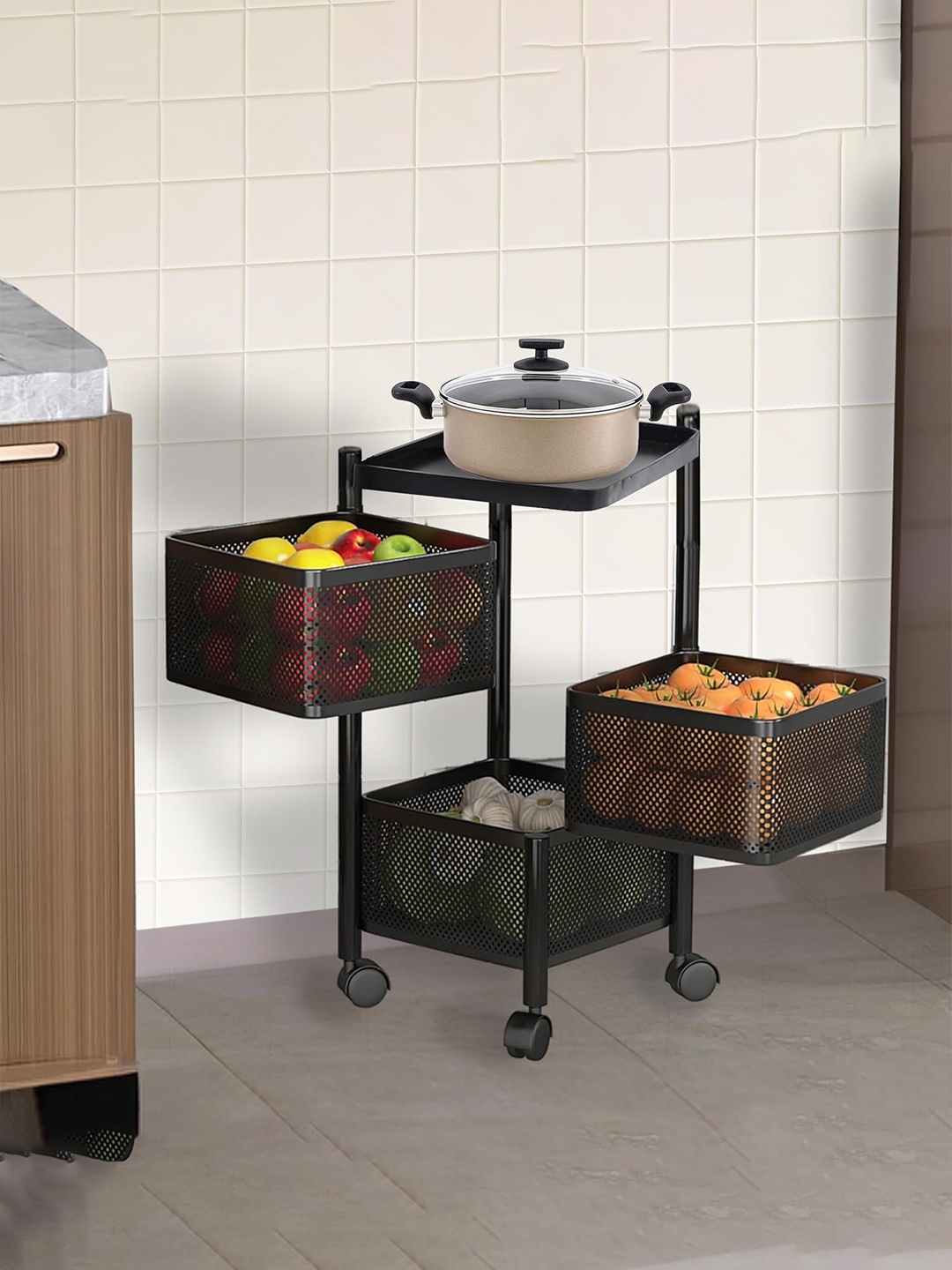 

Kuber Industries Black Textured 3-Tier Metal Multipurpose Rack