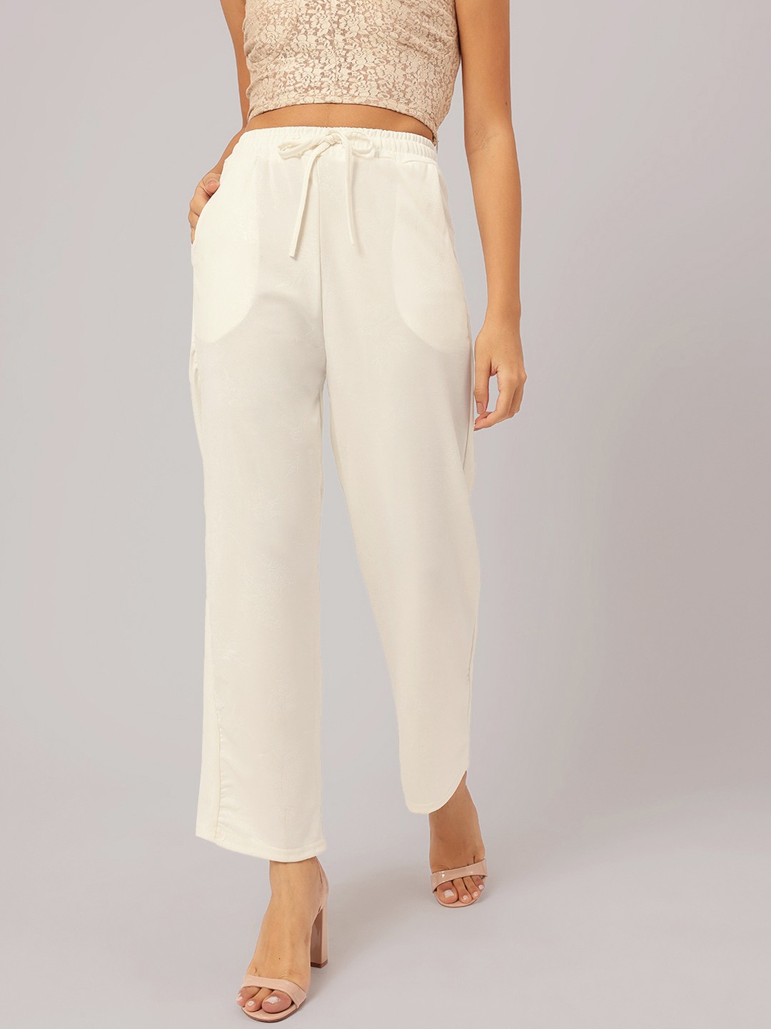 

DressBerry Textured Luxe Floral Straight Trousers, Cream