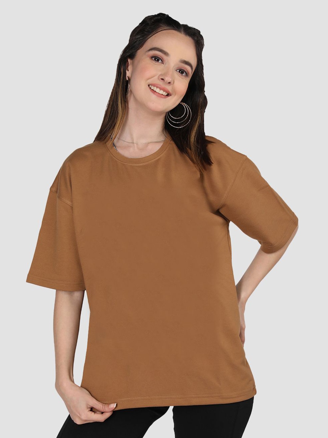 

CHKOKKO Women Solid Drop-Shoulder Sleeves Oversized T-shirt, Brown