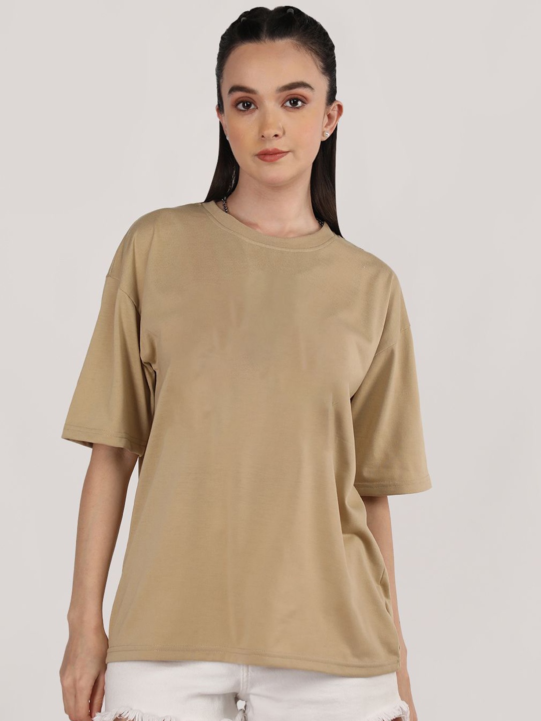 

CHKOKKO Women Solid Drop-Shoulder Sleeves Oversized T-shirt, Khaki