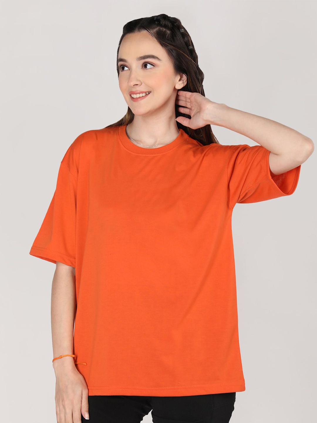 

CHKOKKO Women Solid Drop-Shoulder Sleeves Oversized T-shirt, Orange