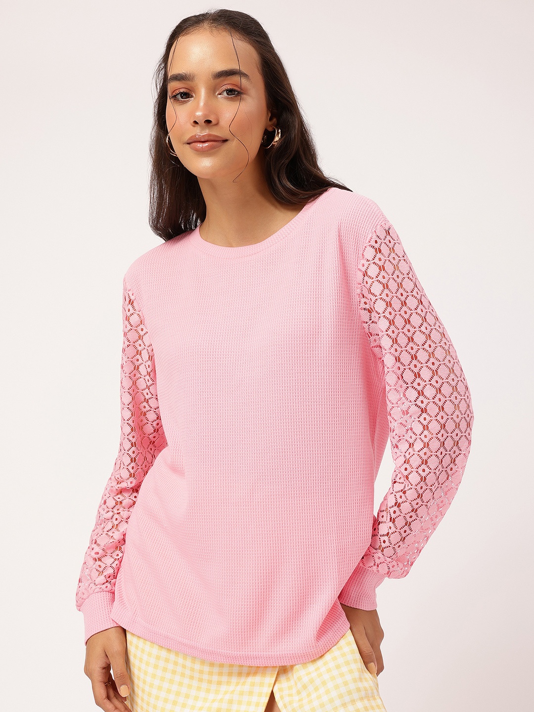 

DressBerry Textured Temptress Semi-sheer Drop-Shoulder Sleeves Top, Pink