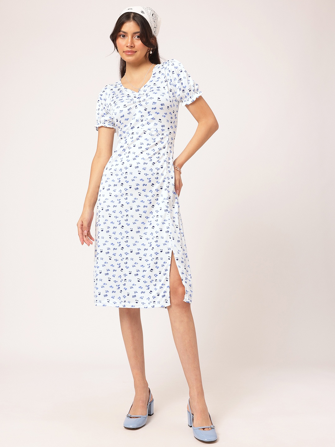 

DressBerry Ditsy Dreams Ruched Floral Print Sheath Midi Dress, Blue