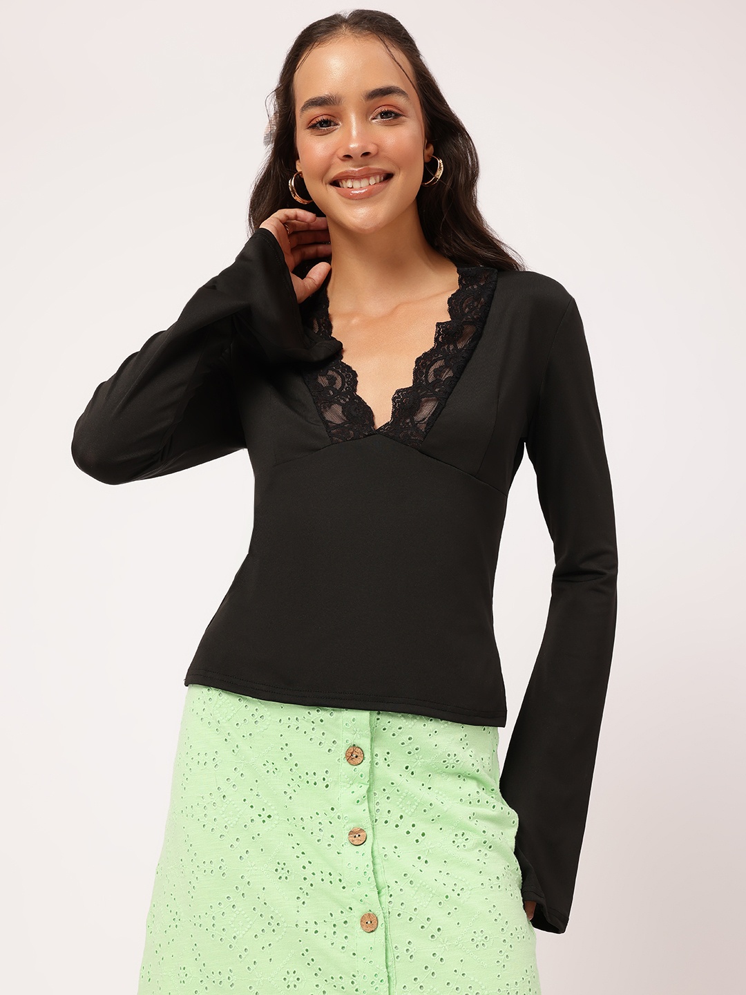 

DressBerry Mystique Lace V-Neck Flared Sleeves Empire Top, Black