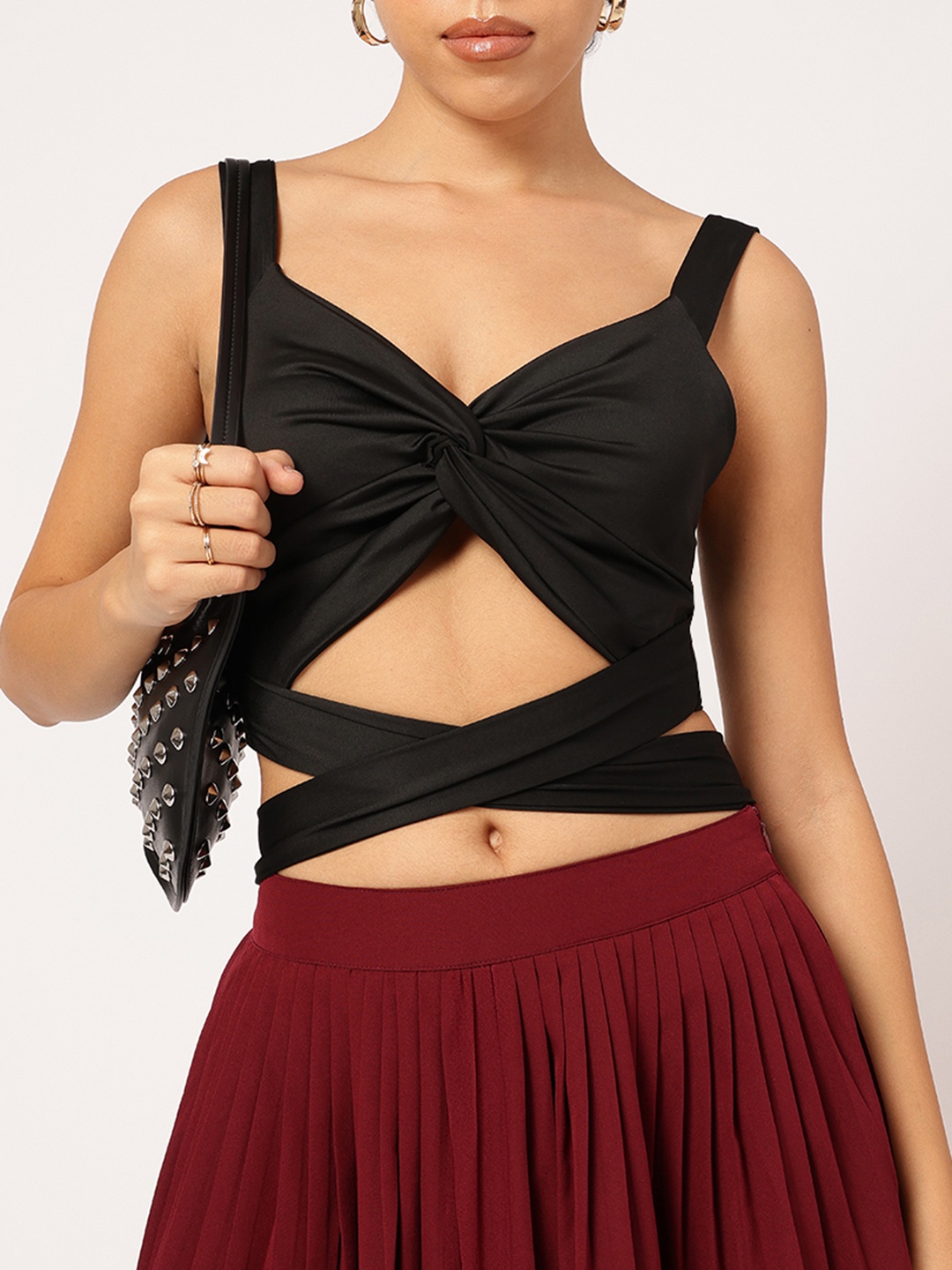 

DressBerry Twisted Twirl Tie-Up Crop Top, Black