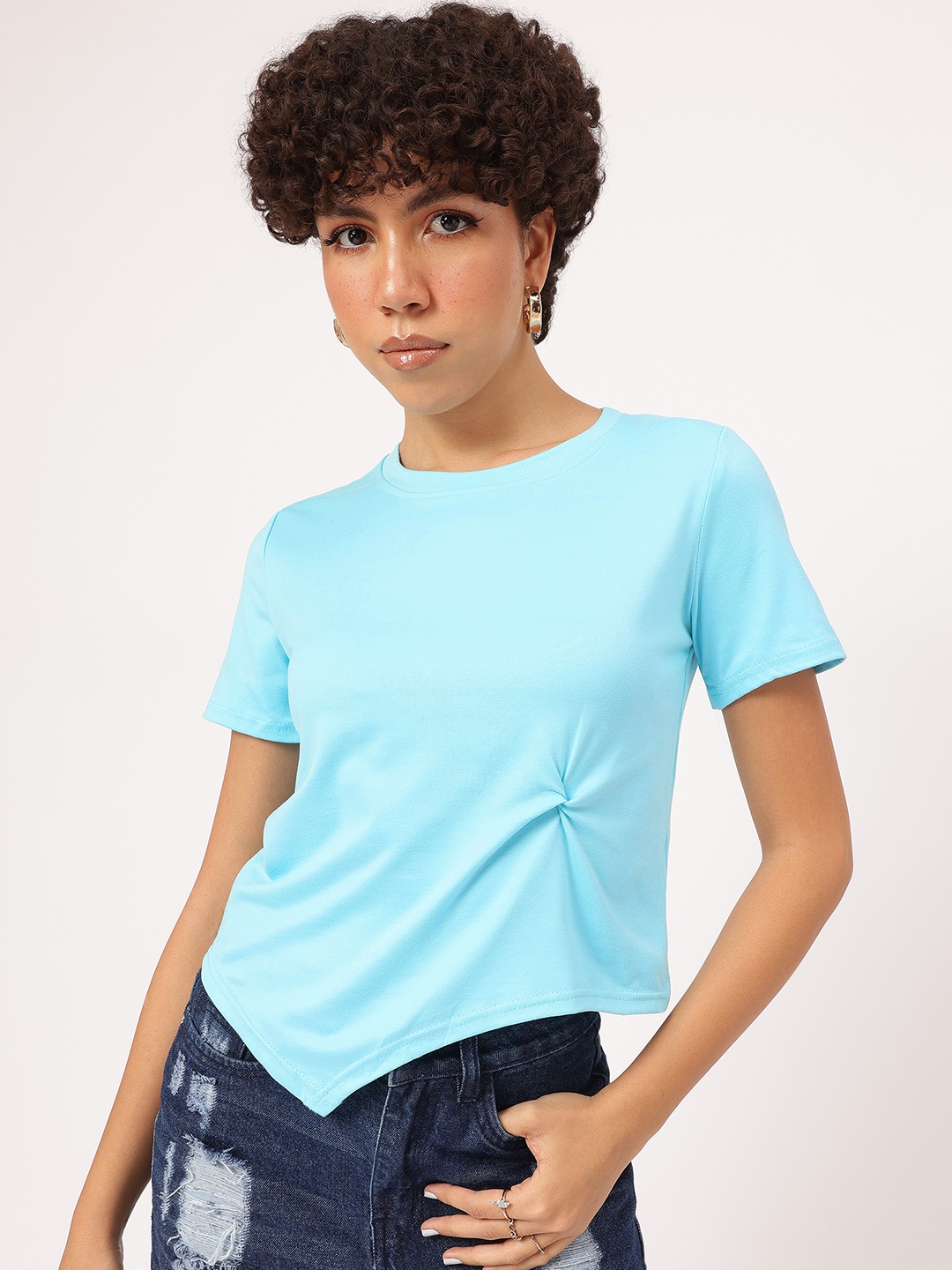 

DressBerry Minimalism Essential Twisted Knot Asymmetric Hem T-shirt, Blue