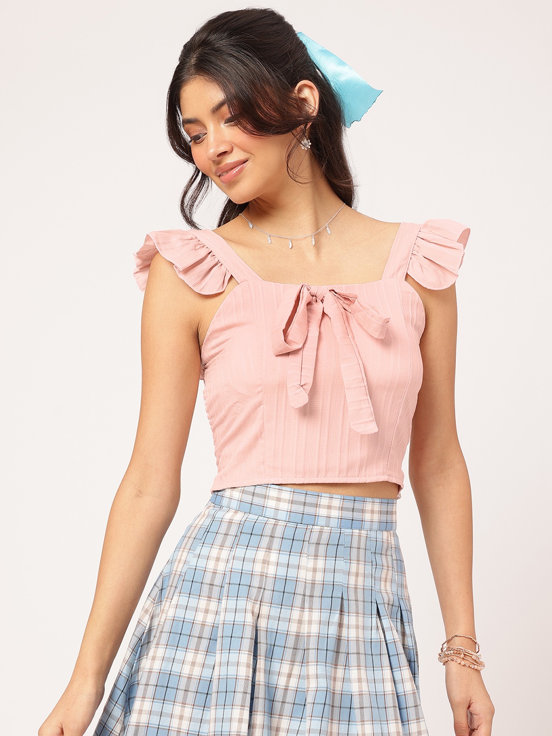 

DressBerry Coquette Core Smocked Ruffled Padded Crop Top, Rose