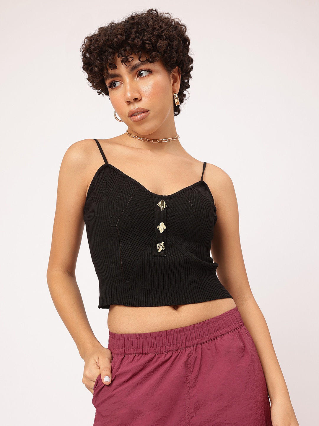 

DressBerry Feminine Flair Strappy Textured Top, Black