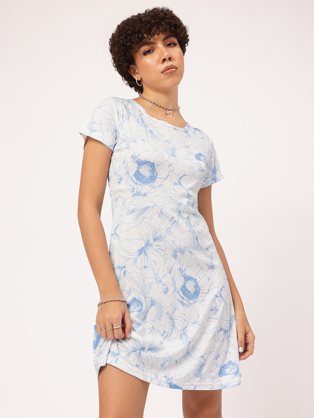 

DressBerry Sketchy Sensation Floral Satin A-Line Dress, Blue