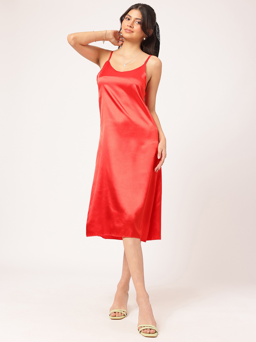 

DressBerry Scarlet Siren Satin Finish Slip Midi Dress, Red