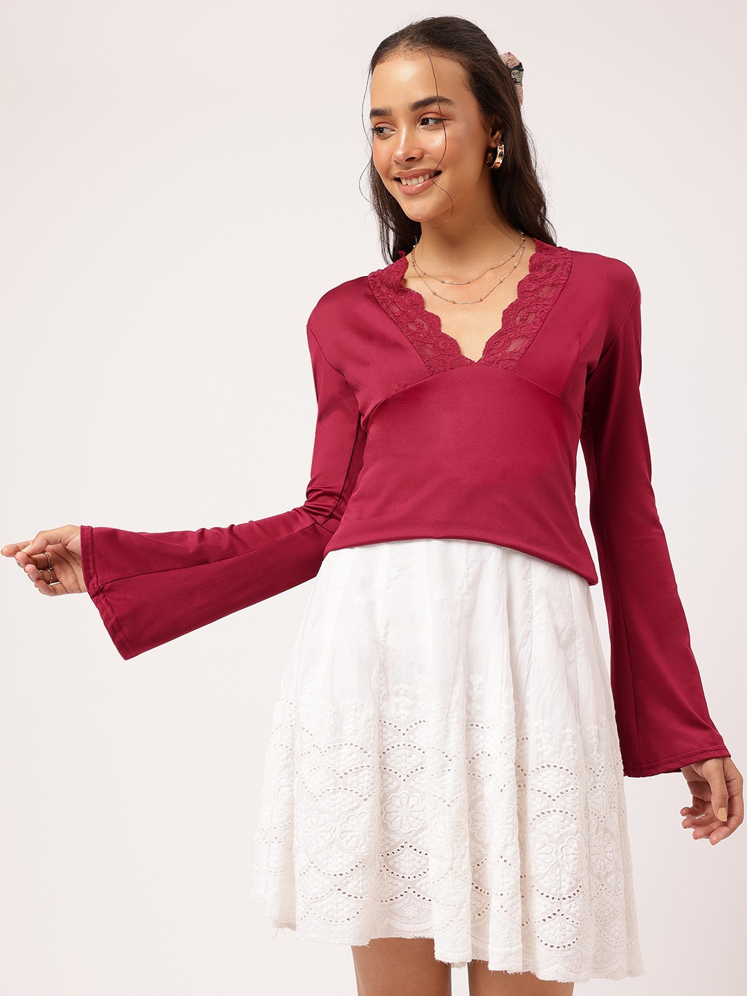 

DressBerry Rose Enigma V-Neck Flared Sleeves Empire Top, Maroon
