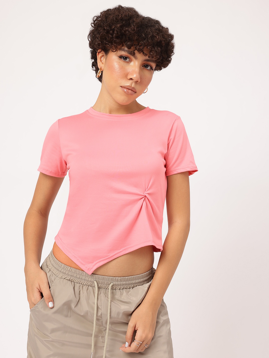 

DressBerry Comfort Classic Twisted Knot Asymmetric Hem T-shirt, Pink