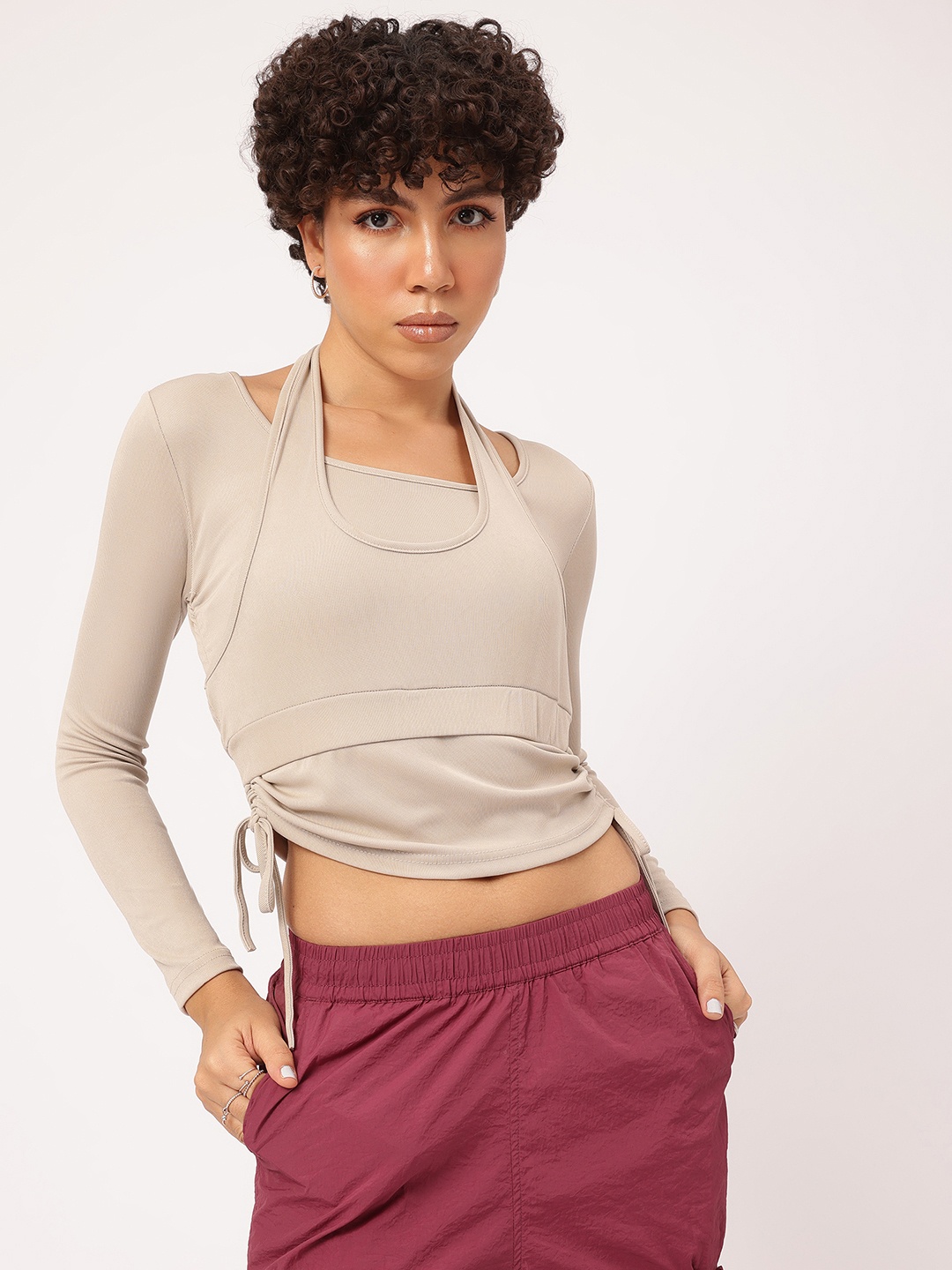 

DressBerry Layered-Luxe Knotty Ruched Top, Taupe
