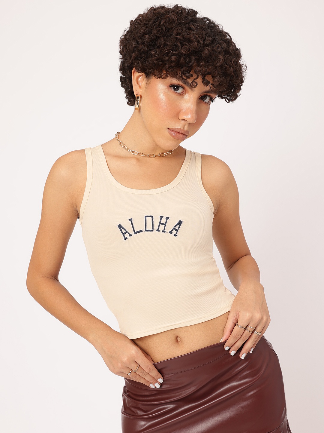 

DressBerry Wordy Wonder Ribbed-Ready Street Style Top, Beige
