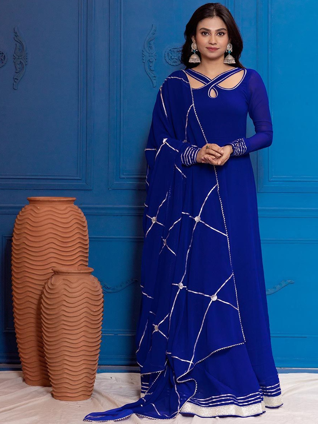 

NUD V-Neck Cut-Out Gotta Patti Detailed Gown Dress With Dupatta, Blue