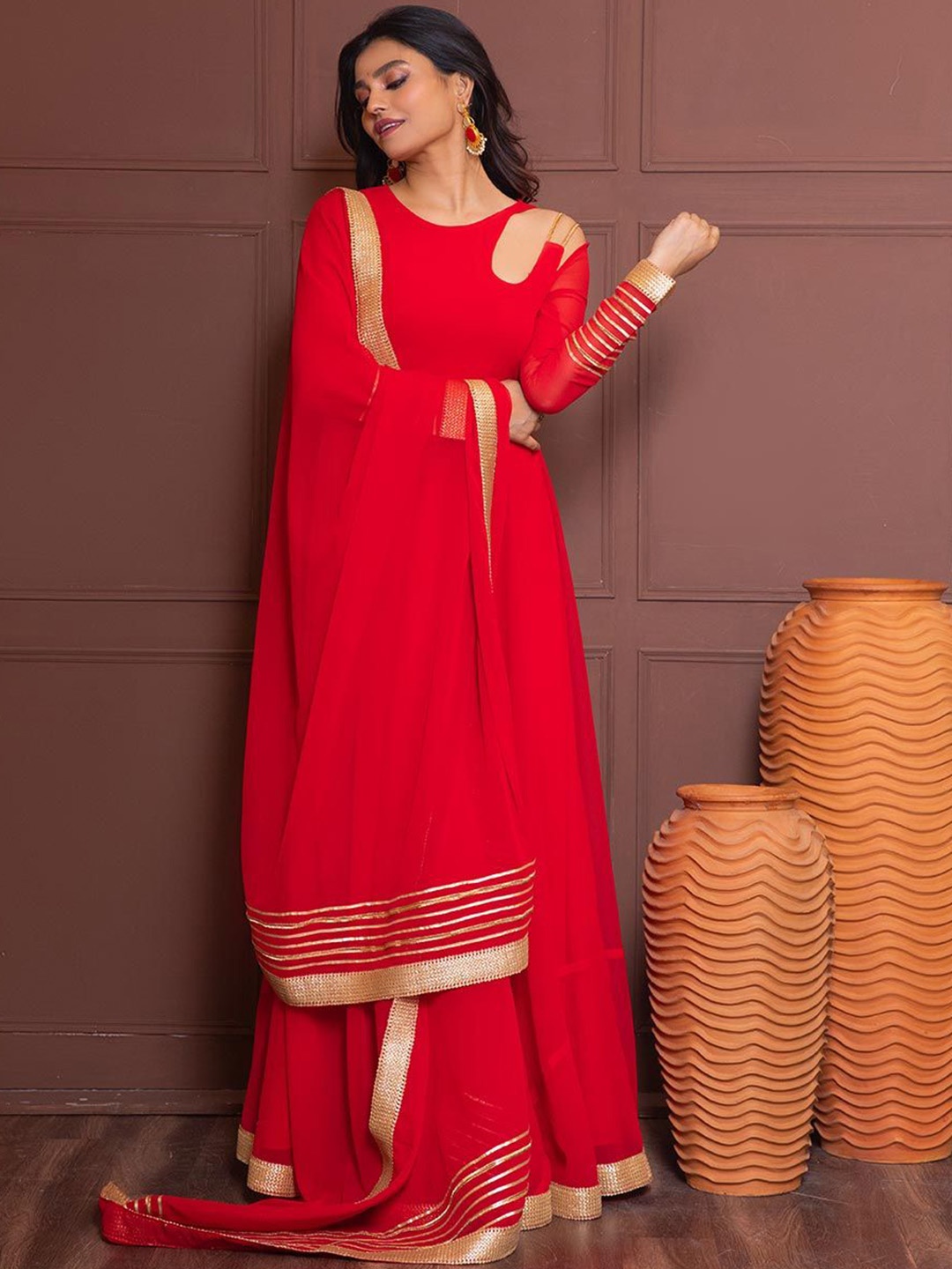 

NUD Round Neck Cut-Out Gotta Patti Detailed Gown Dress With Dupatta, Red