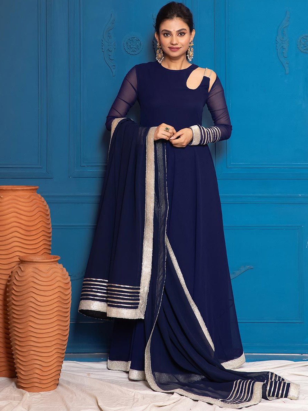 

NUD Round Neck Cut-Out Gotta Patti Detailed Gown Dress With Dupatta, Blue