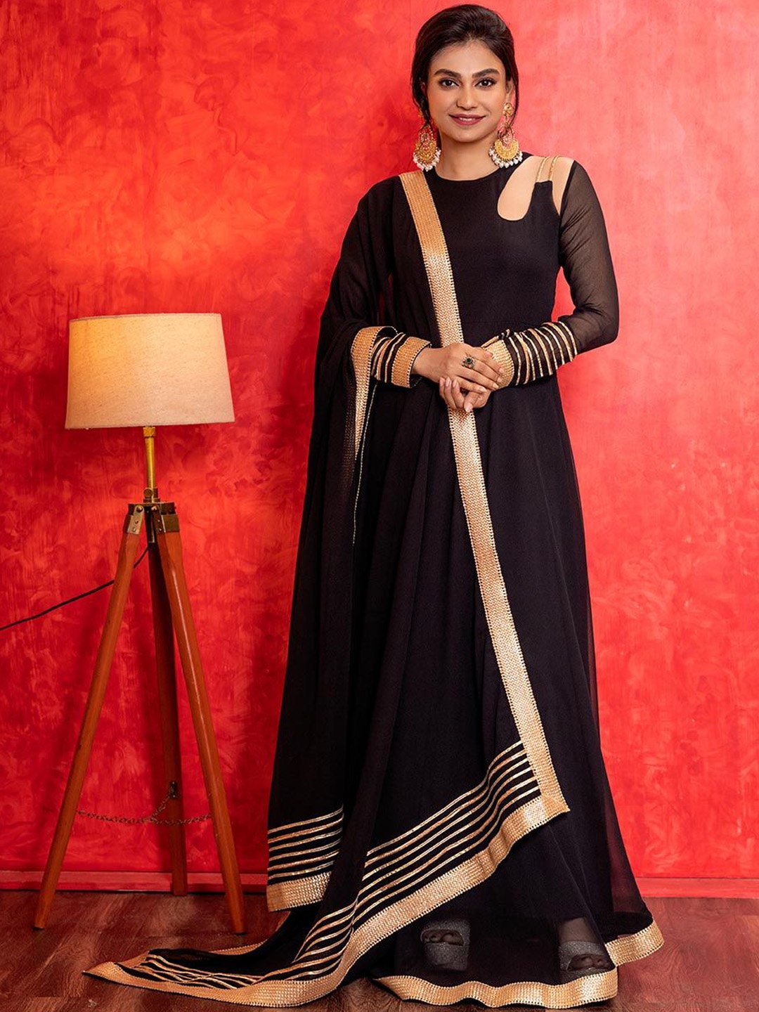 

NUD Round Neck Cut-Out Gotta Patti Detailed Gown Dress With Dupatta, Black