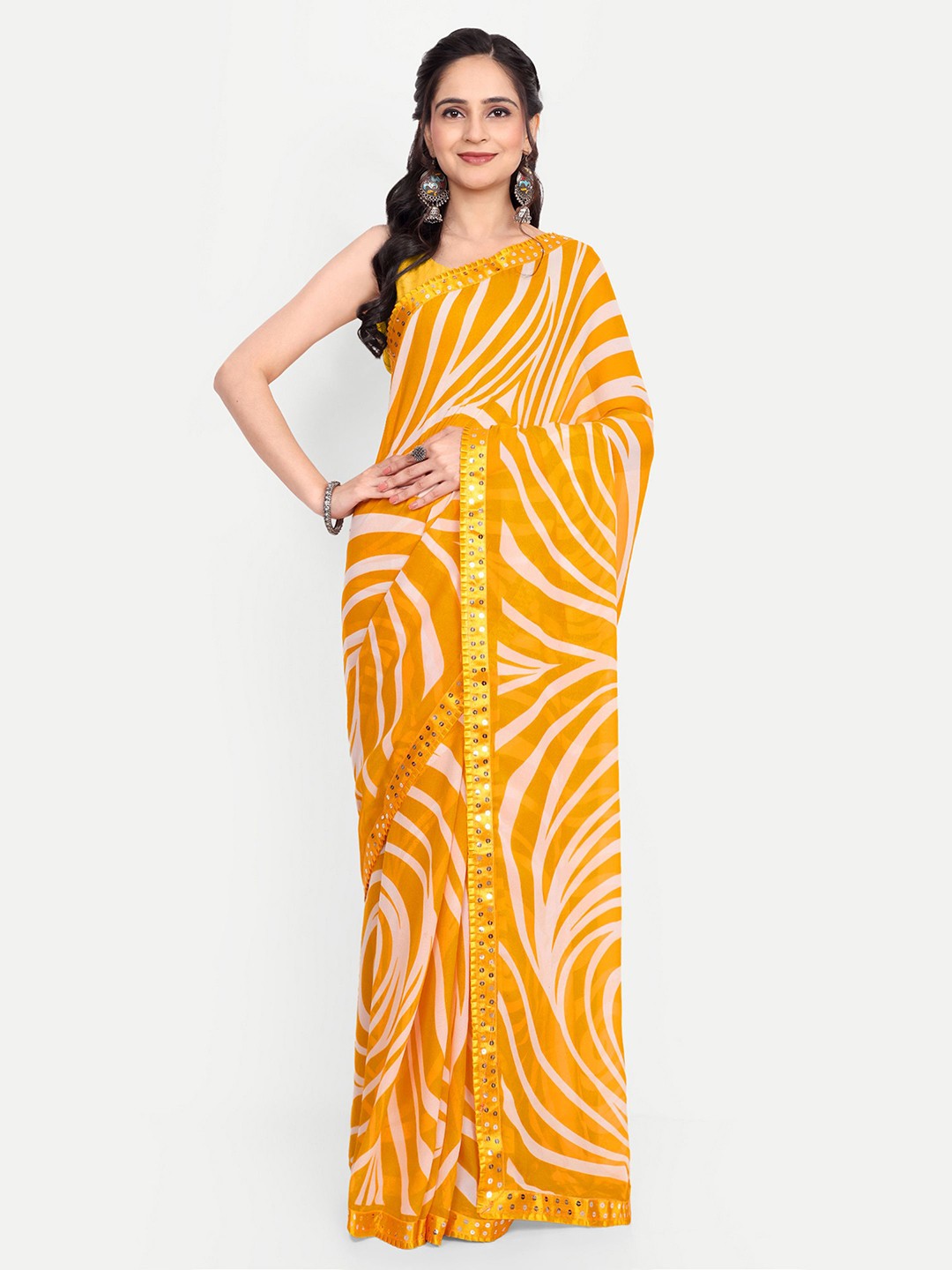 

Ambuja International Leheriya Sequinned Saree, Yellow