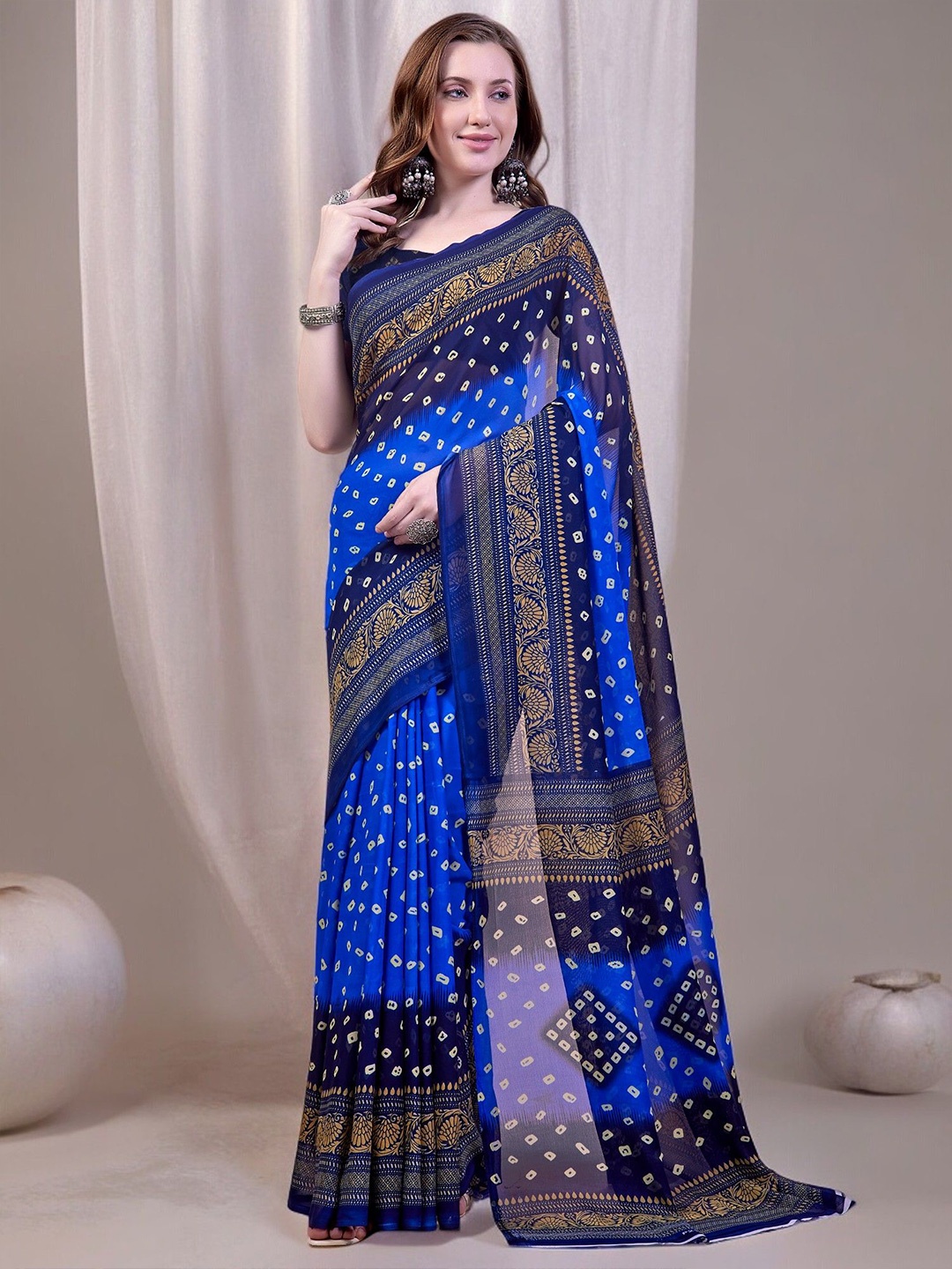 

Ambuja International Poly Georgette Bandhani Saree, Navy blue