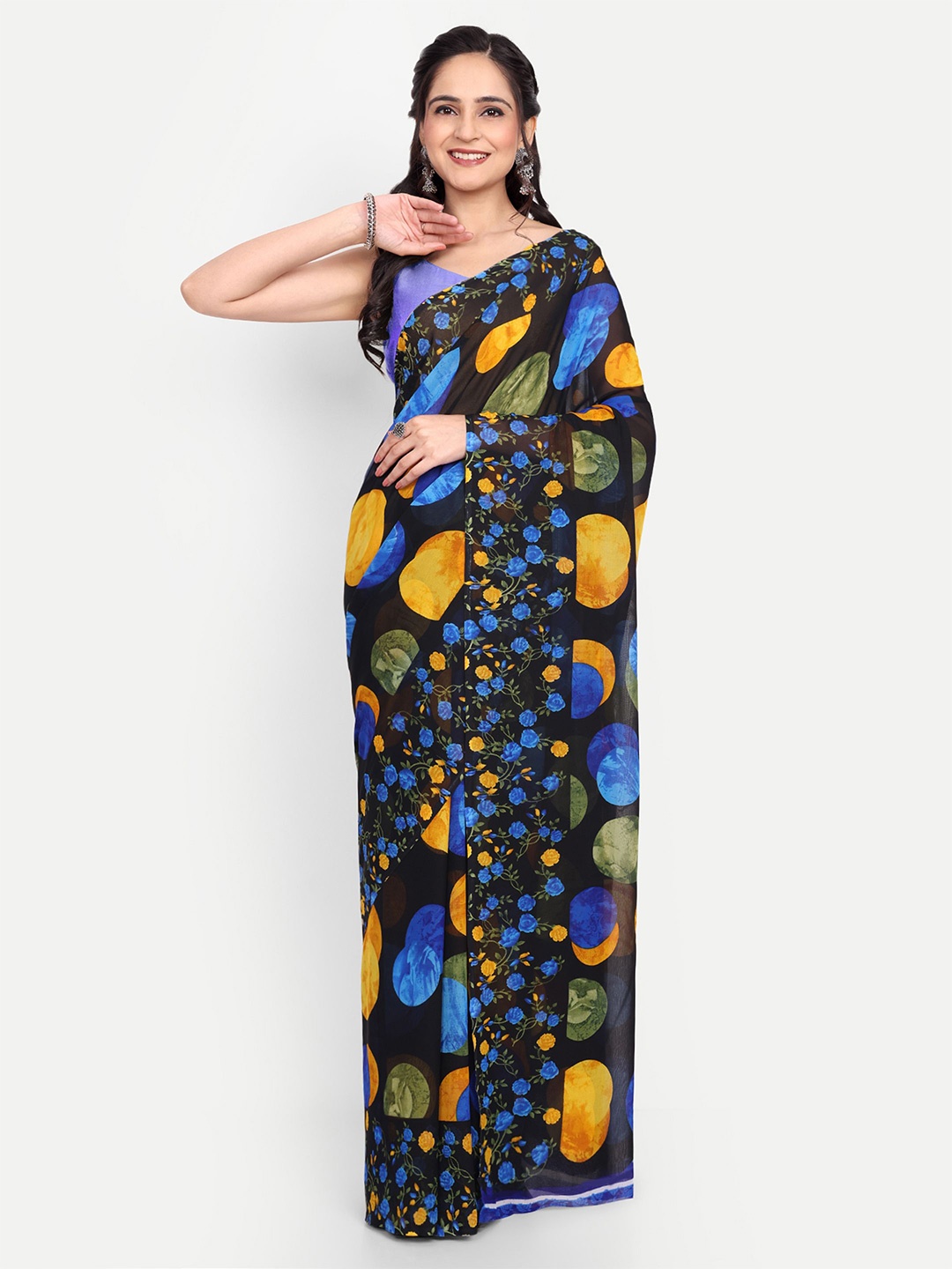 

Ambuja International Floral Poly Georgette Saree, Blue