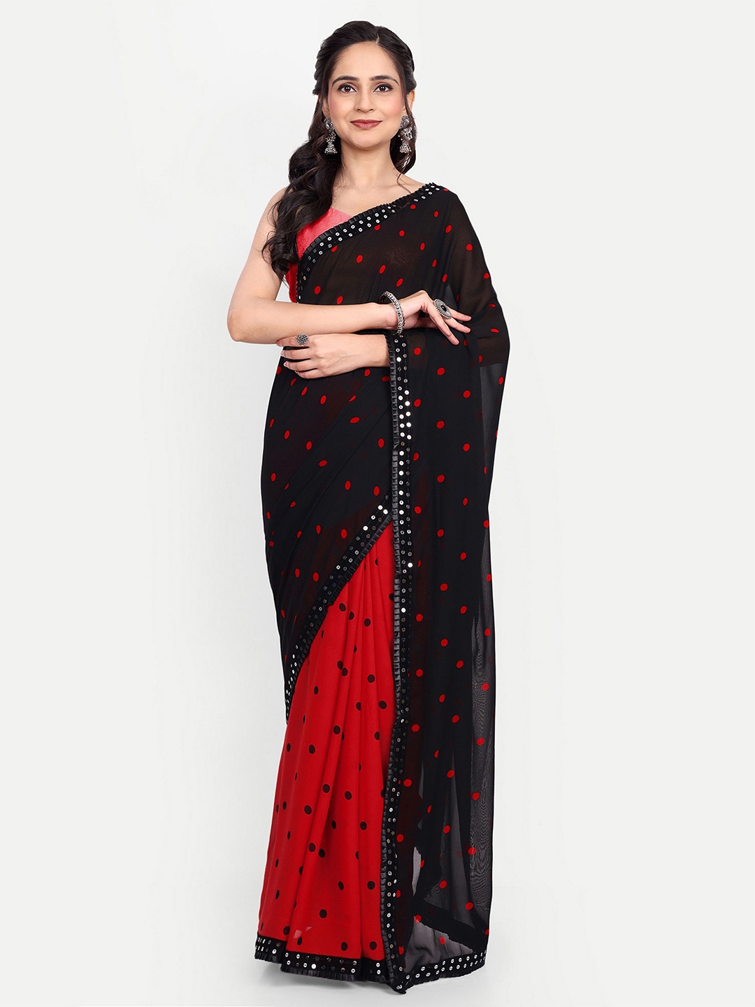 

Ambuja International Polka Dot Mirror Work Saree, Red