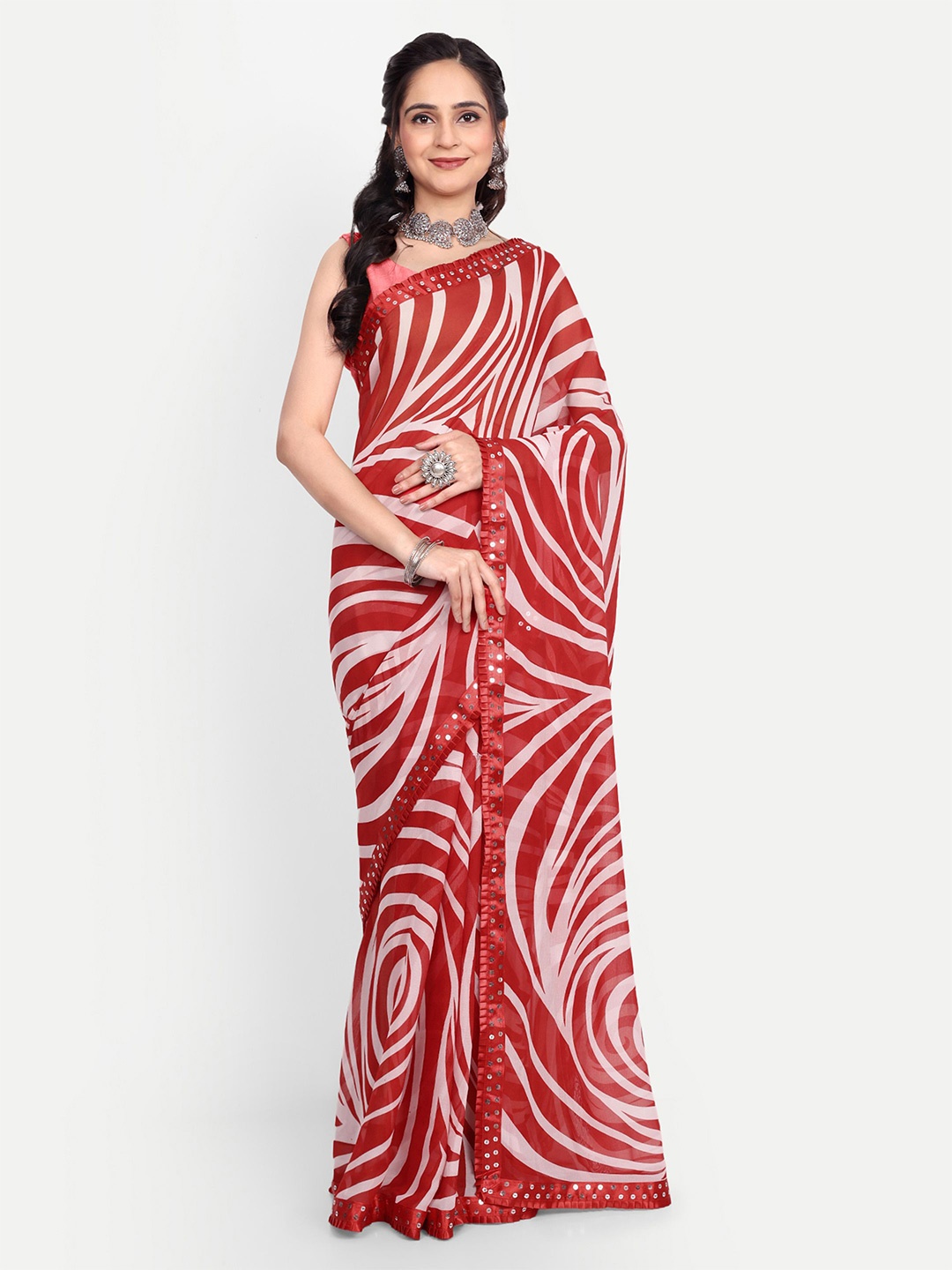 

Ambuja International Sequinned Leheriya Saree, Red