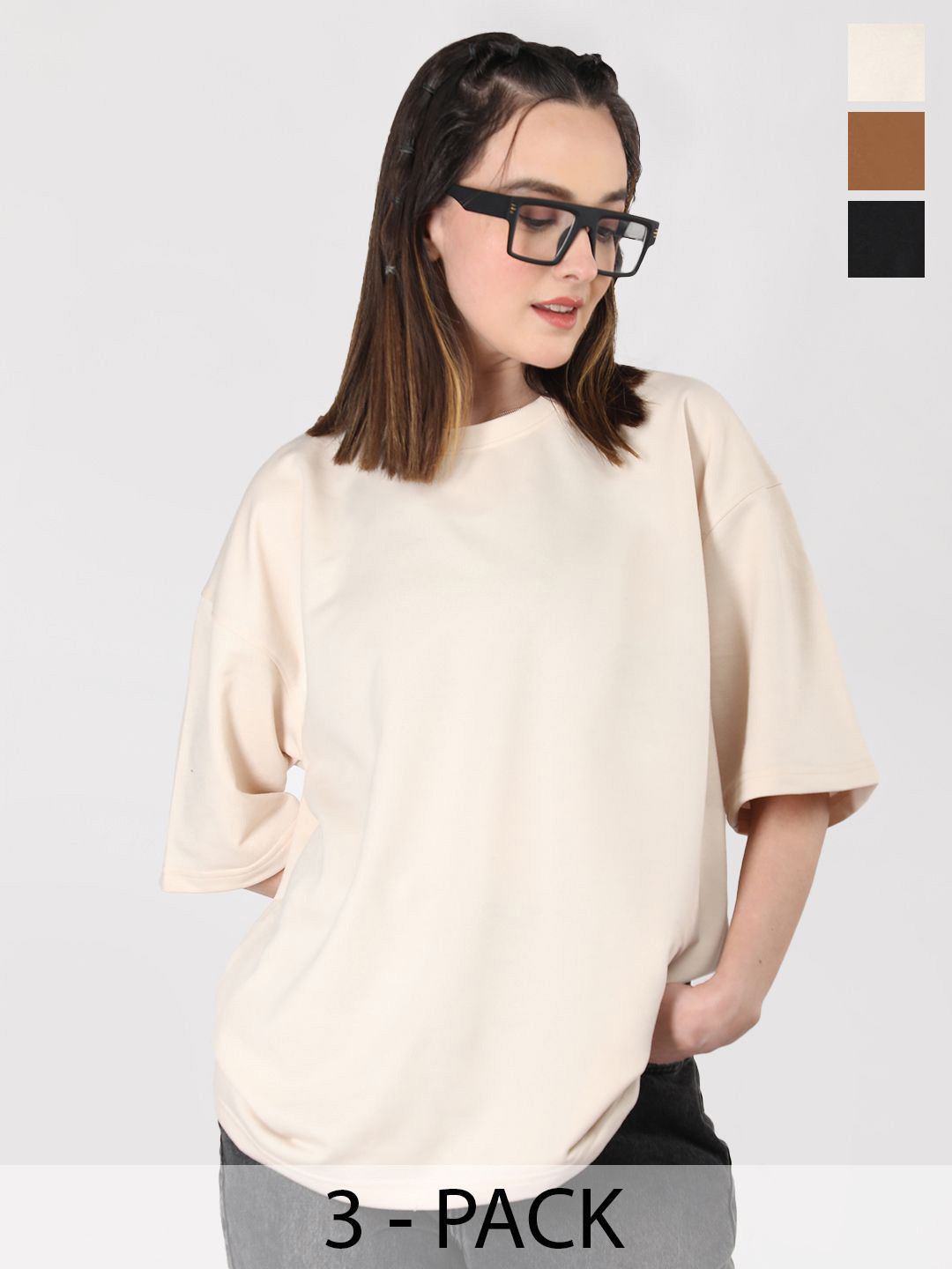 

CHKOKKO Women Pack Of 3 Solid Drop-Shoulder Sleeves Oversized T-shirt, Beige