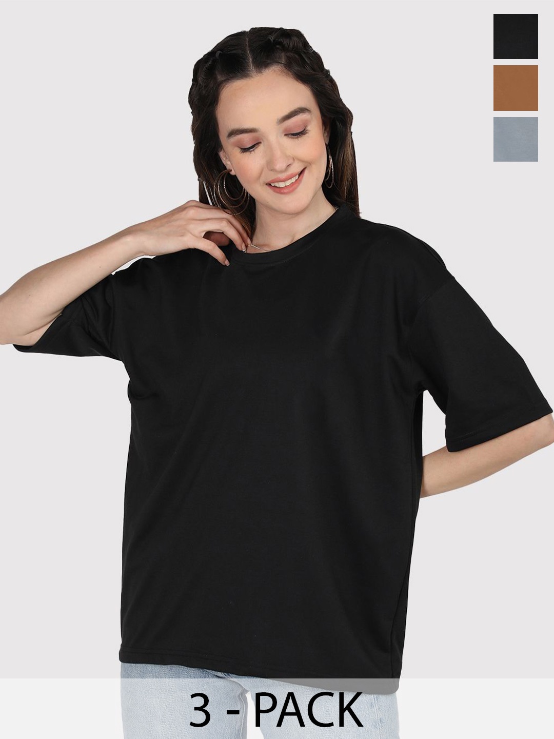 

CHKOKKO Women Pack Of 3 Solid Drop-Shoulder Sleeves Oversized T-shirt, Black
