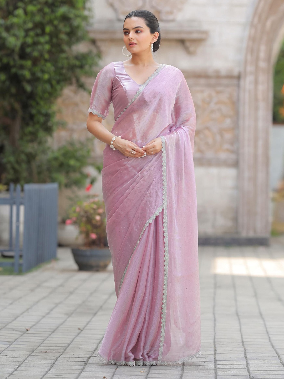 

Meena Bazaar Embellished Beads and Stones Organza Saree, Mauve