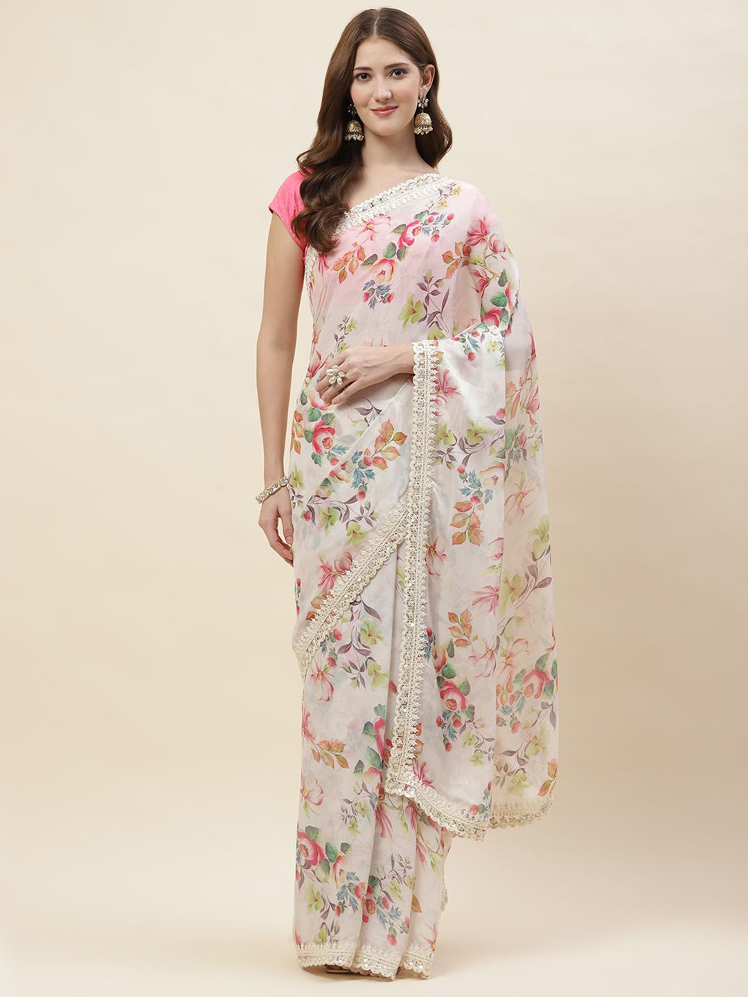 

Meena Bazaar Floral Sequinned Pure Chiffon Saree, Cream
