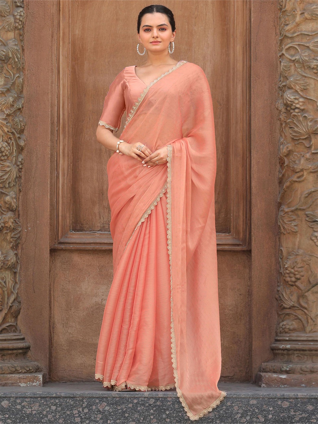 

Meena Bazaar Embellished Beads and Stones Organza Saree, Peach