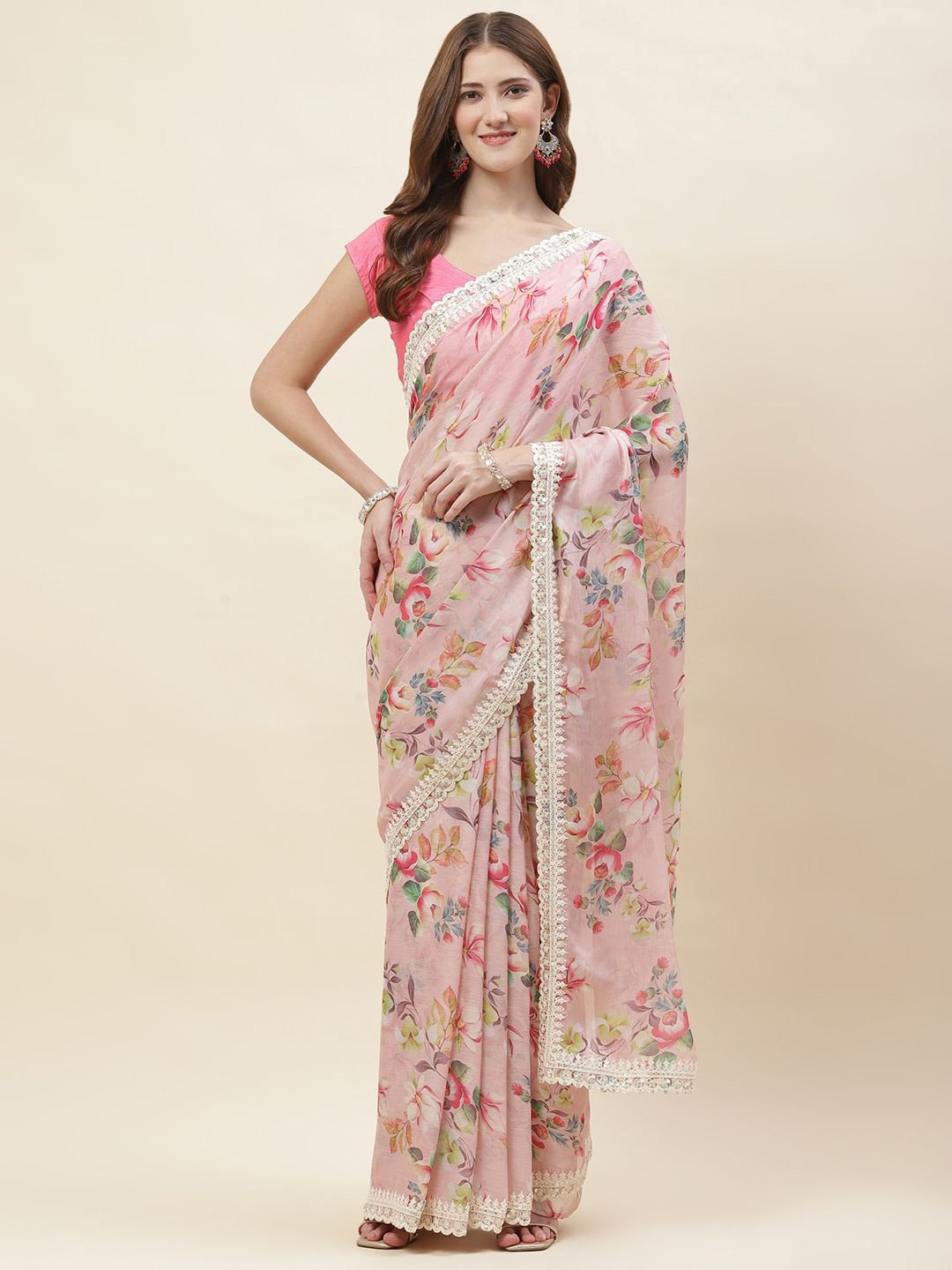 

Meena Bazaar Floral Embroidered Pure Chiffon Saree, Pink
