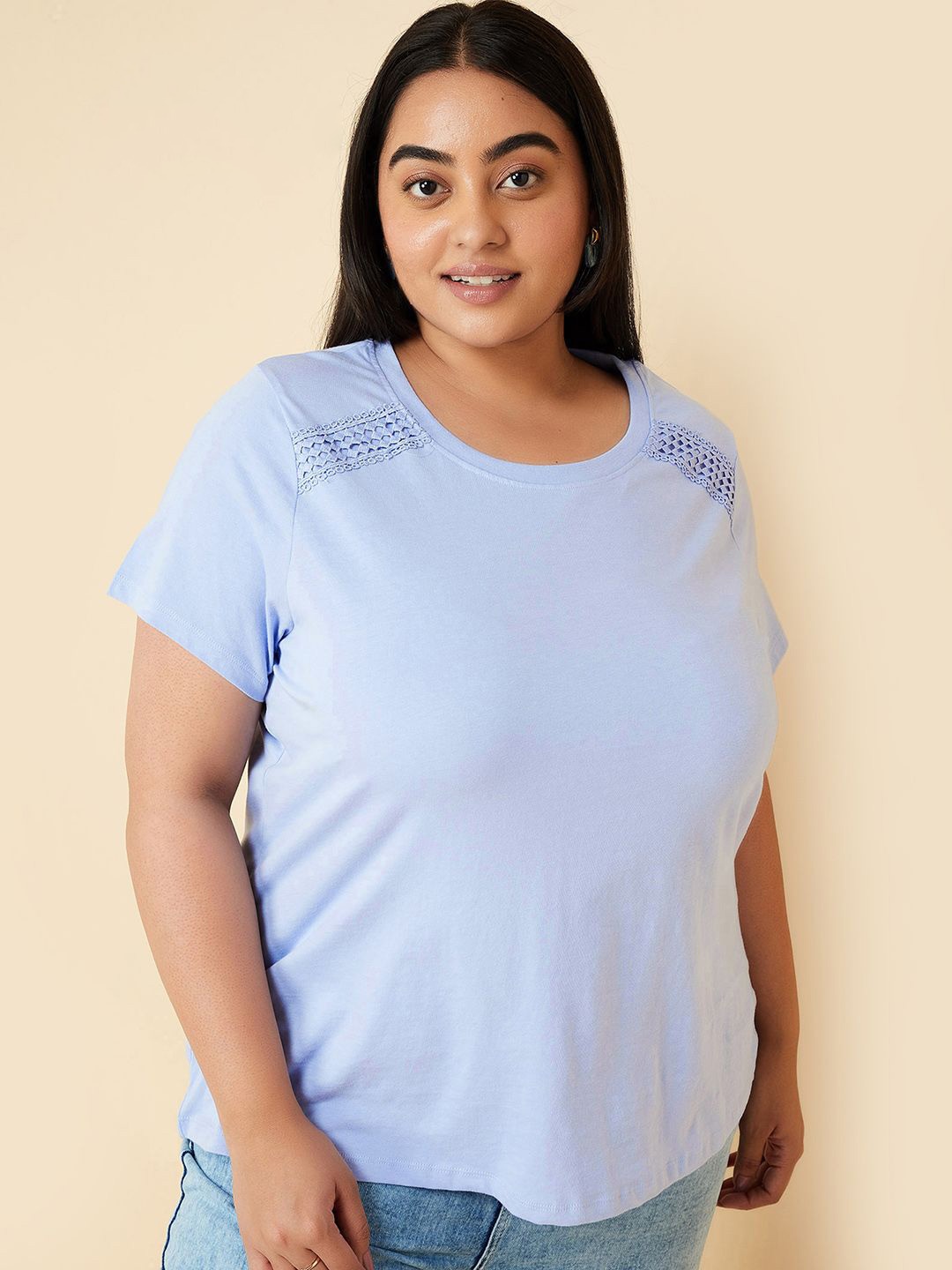 

max Women Solid Round Neck Cotton T-shirt, Blue