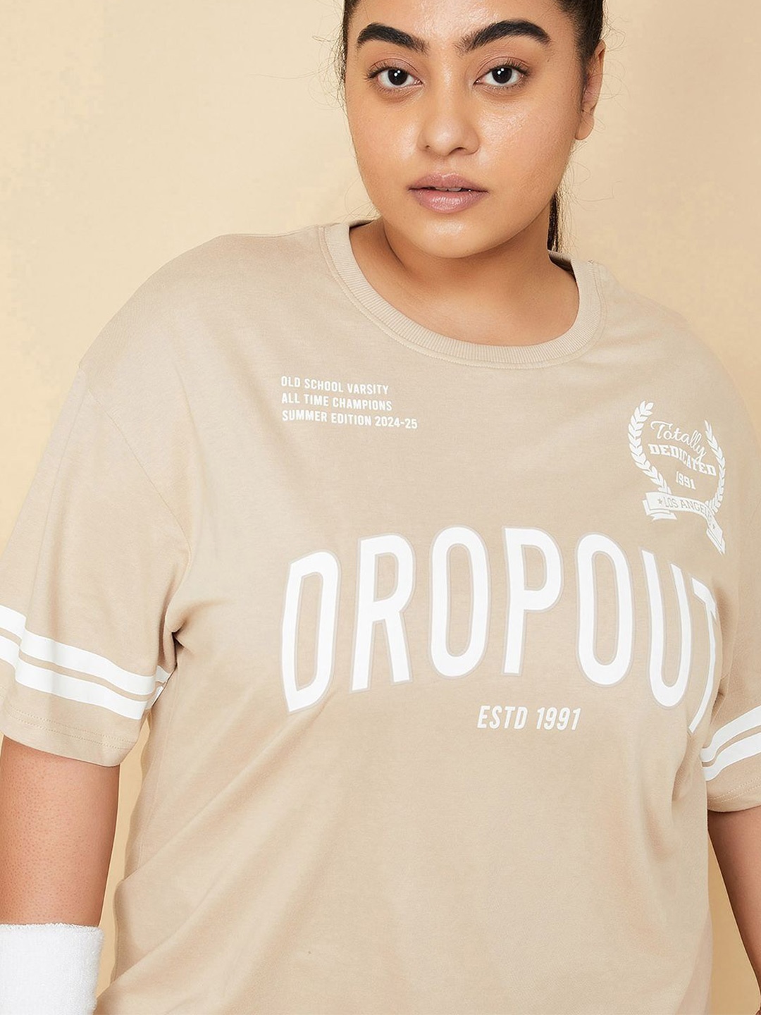 max Women Typography Printed Round Neck Cotton T-shirt, Beige