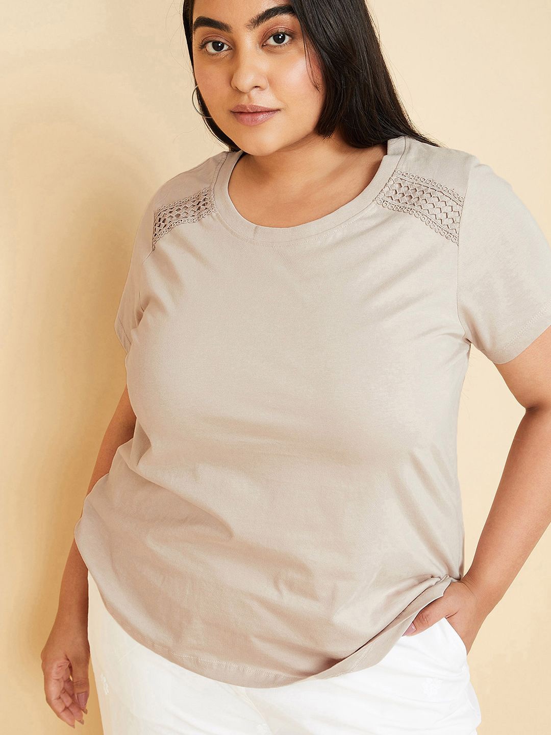 

max Women Solid Round Neck Cotton T-shirt, Beige
